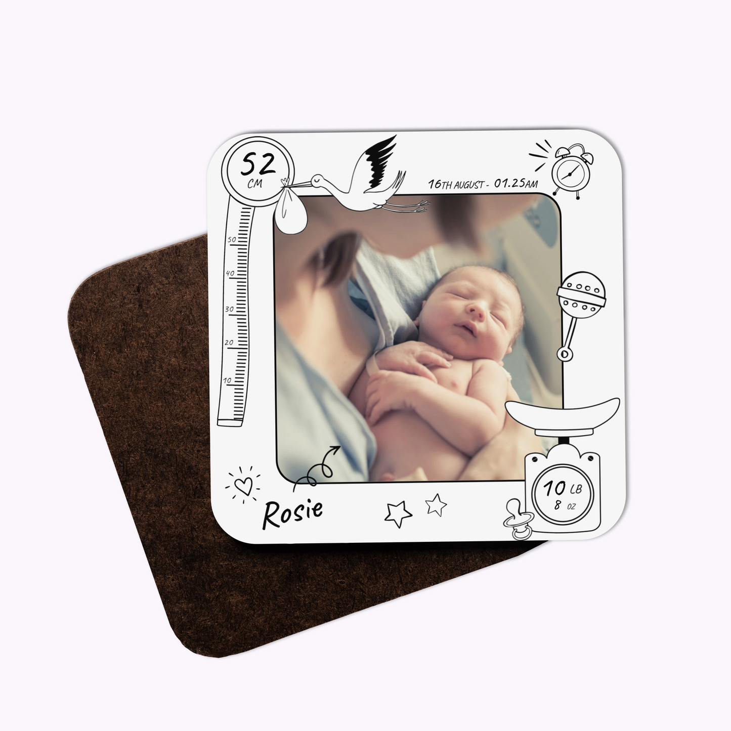 Baby's First Day | Individual Personalised Wooden Newborn Photo Coaster