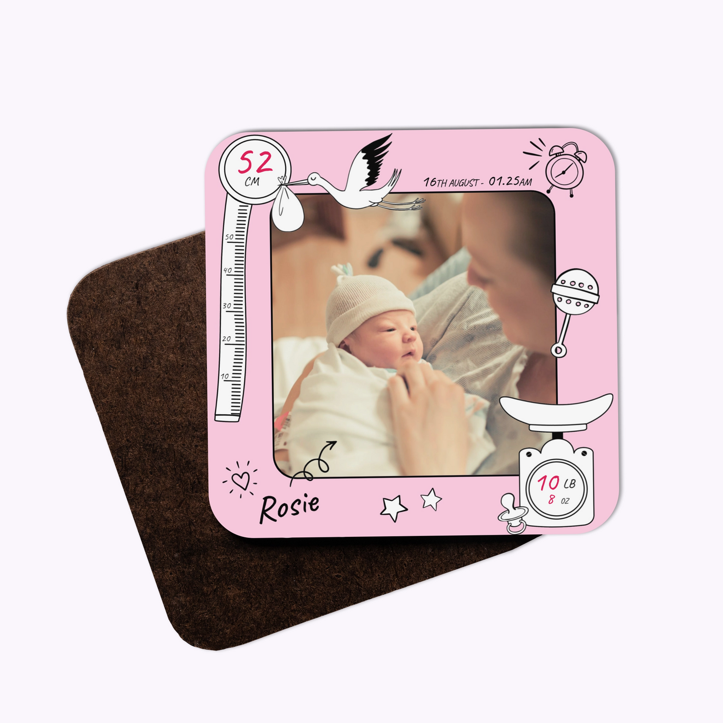 Baby's First Day | Individual Personalised Wooden Newborn Photo Coaster