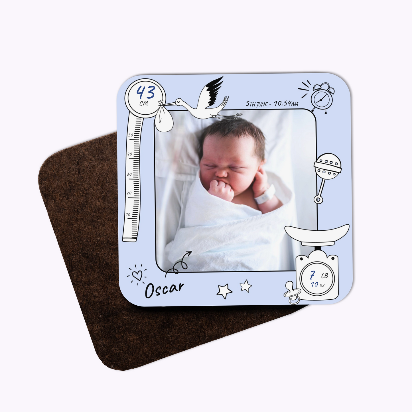 Baby's First Day | Individual Personalised Wooden Newborn Photo Coaster