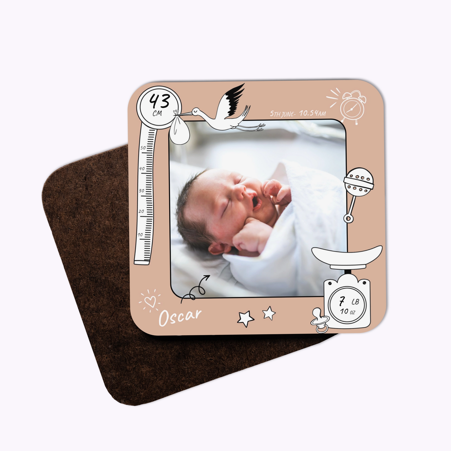 Baby's First Day | Individual Personalised Wooden Newborn Photo Coaster