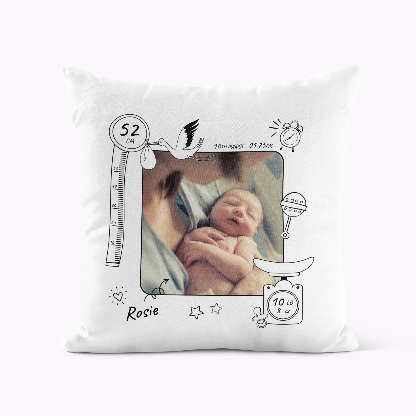 Baby's First Day | Personalised Newborn 45 x 45cm Cushion Cover with Insert